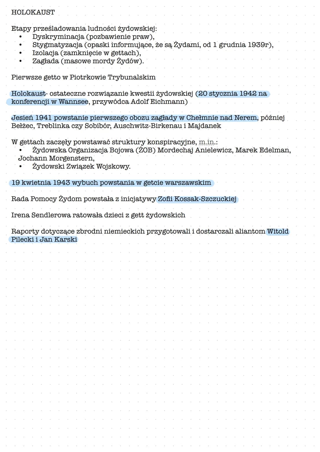# HOLOKAUST

Etapy prześladowania ludności żydowskiej:
- Dyskryminacja (pozbawienie praw),
- Stygmatyzacja (opaski informujące, że są Żydami