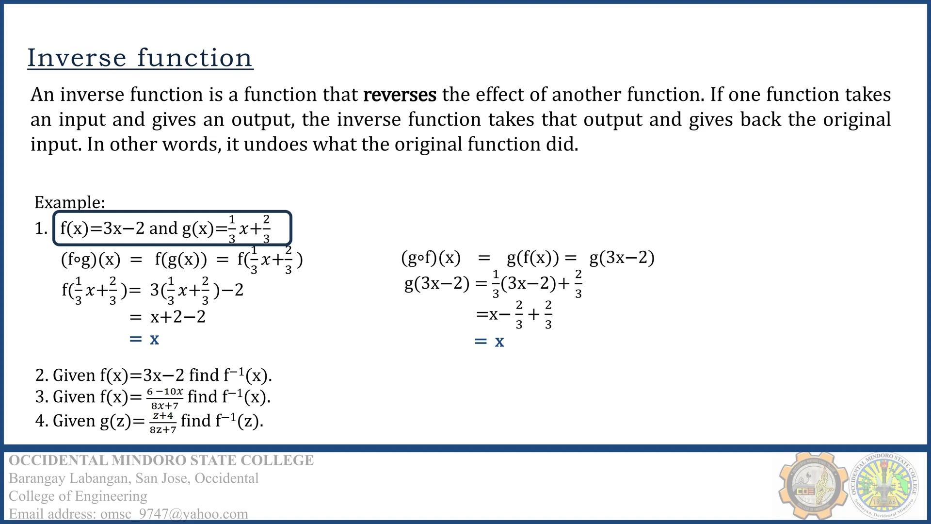 CALCULUS I –
DIFFERENTIAL CALCULUS
Engr. Krizel Villanueva
OCCIDENTAL MINDORO STATE COLLEGE
Barangay Labangan, San Jose, Occidental
College 