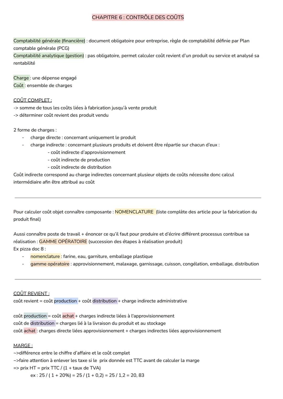 # CHAPITRE 6: CONTRÔLE DES COÛTS

Comptabilité générale (financière): document obligatoire pour entreprise, règle de comptabilité définie pa