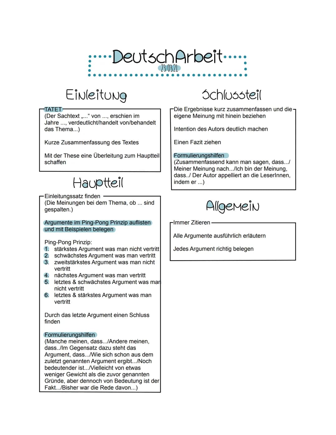 ....Deutsch Arbeit....:
Einleitung
-TATET
(Der Sachtext ." von ..., erschien im
Jahre ..., verdeutlicht/handelt von/behandelt
das Thema...)
