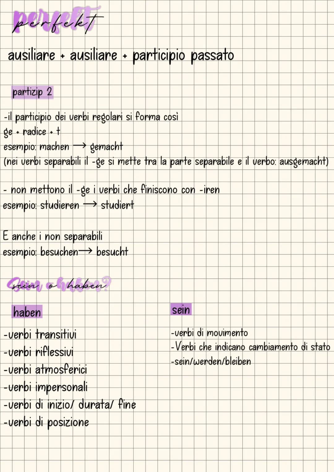 # perfekt

ausiliare + ausiliare + participio passato

partizip 2

-il participio dei verbi regolari si forma cosi
ge + radice + +
esempio: 