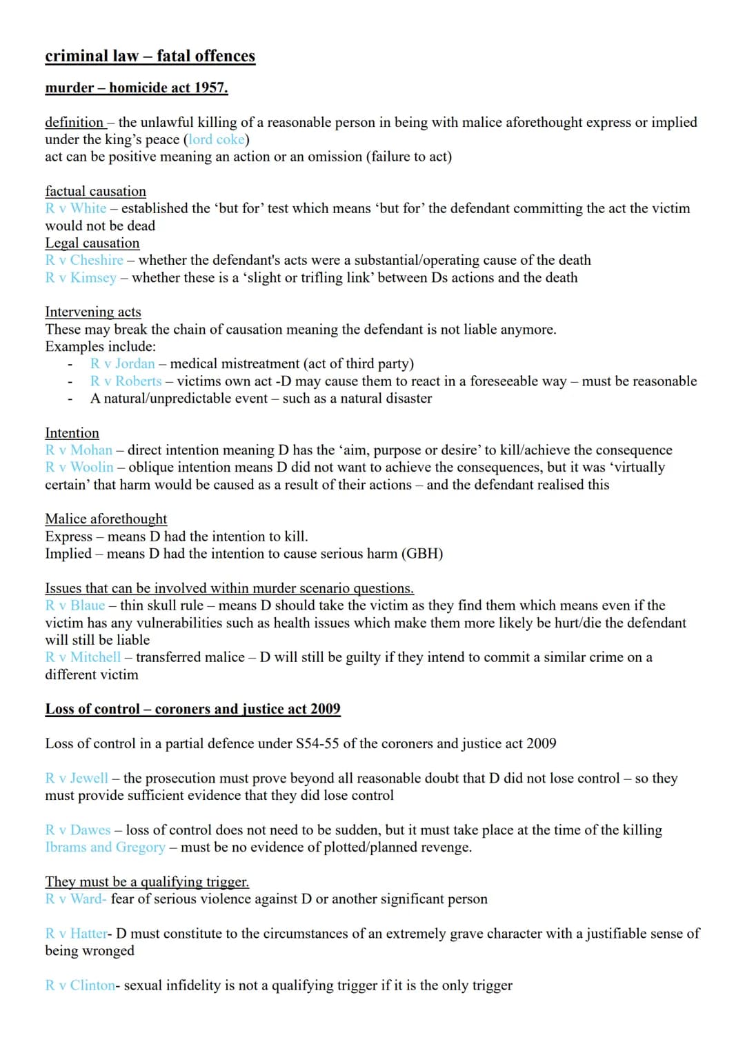 # criminal law - fatal offences

murder - homicide act 1957.

definition - the unlawful killing of a reasonable person in being with malice 