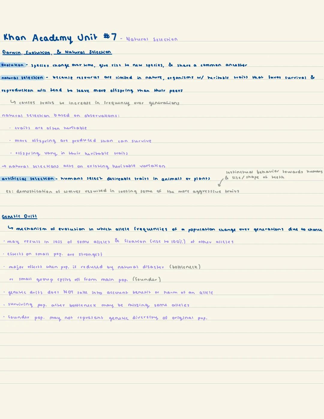 # Khan Academy Unit #7 - Natural Selection

Darwin, Evolution, & Natural Selection

evolution species change over wme, give rise to new spec