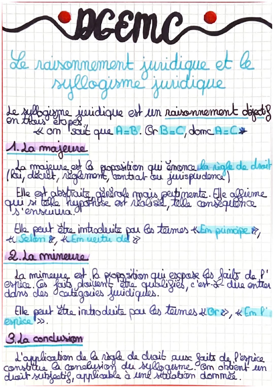 # ACEMCS

Le raisonnement juridique et le
syllogisme juridique

Le syllogisme juridique est un raisonnement déjectif
on thais etapes.
<om sa