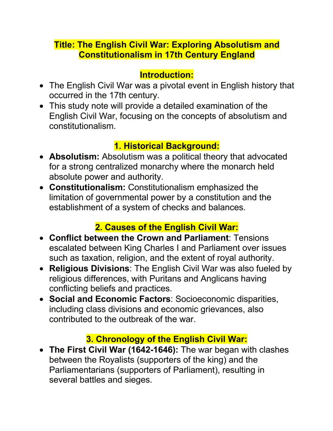 # Title: The English Civil War: Exploring Absolutism and
Constitutionalism in 17th Century England

## Introduction:

*   The English Civil 