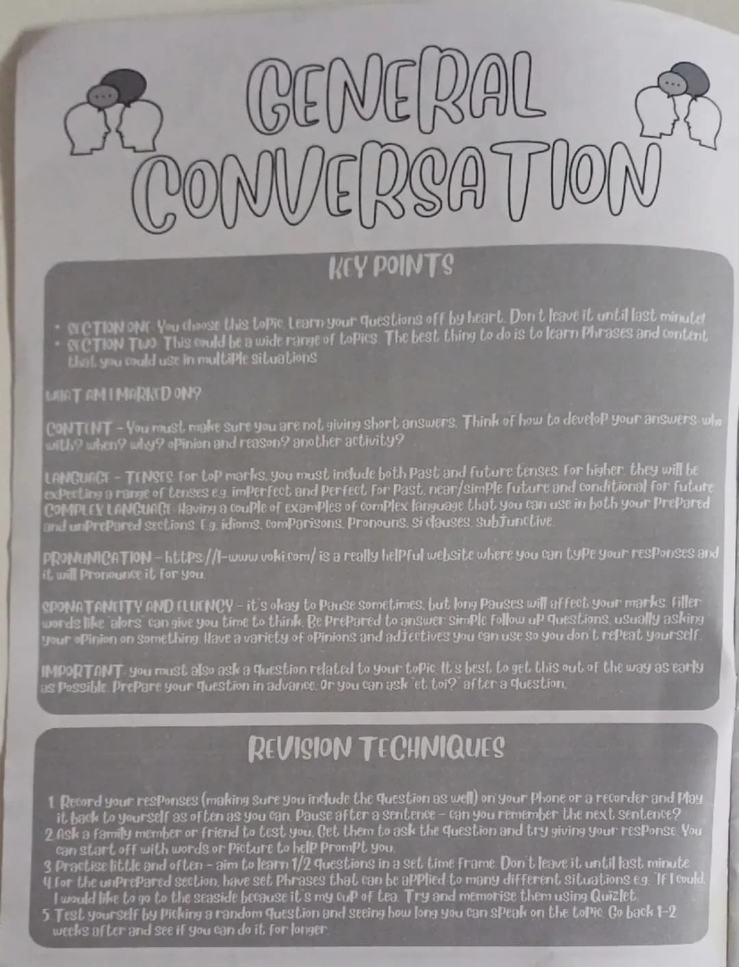 # GOSE FRENCH

SPEAKING EXAM

|             | Preparation | Role-Play | Photocard | General Conversation |
| ----------- | ----------- | ---