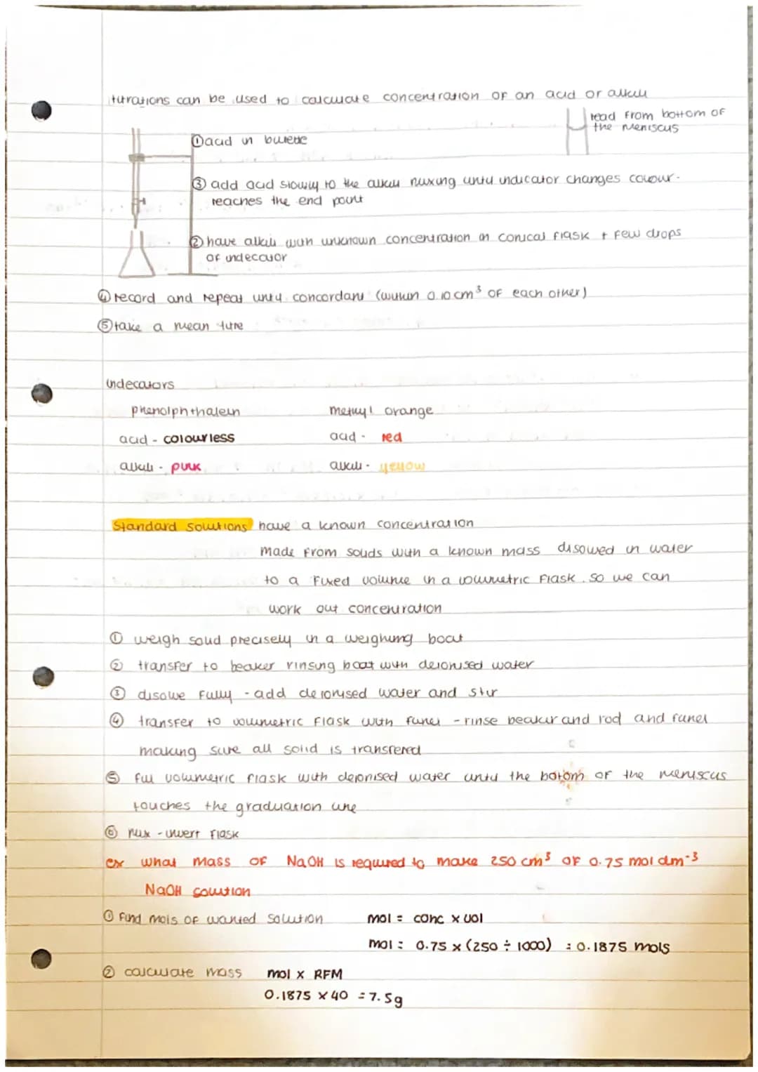 turations can be used to calculate concentration of an aid or alkill

Daad in burete

read from bottom of
the meniscus

③ add aid siowy to t