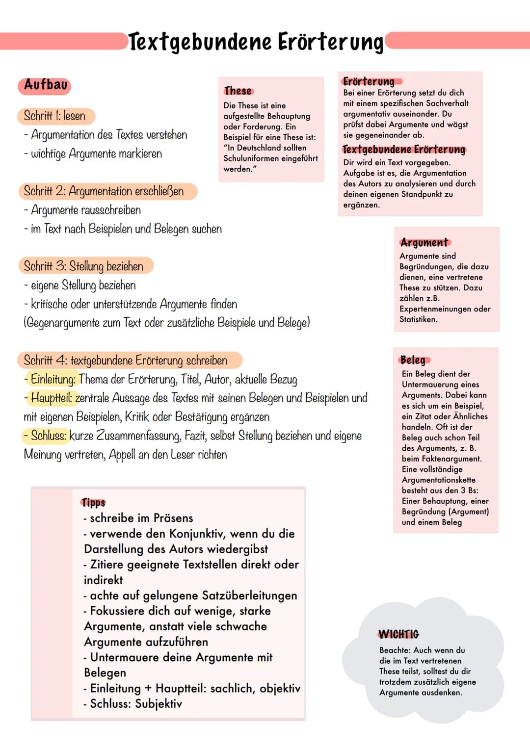 # Aufbau
Schritt 1: lesen
- Argumentation des Textes verstehen
- wichtige Argumente markieren

Schritt 2: Argumentation erschließen
- Argume