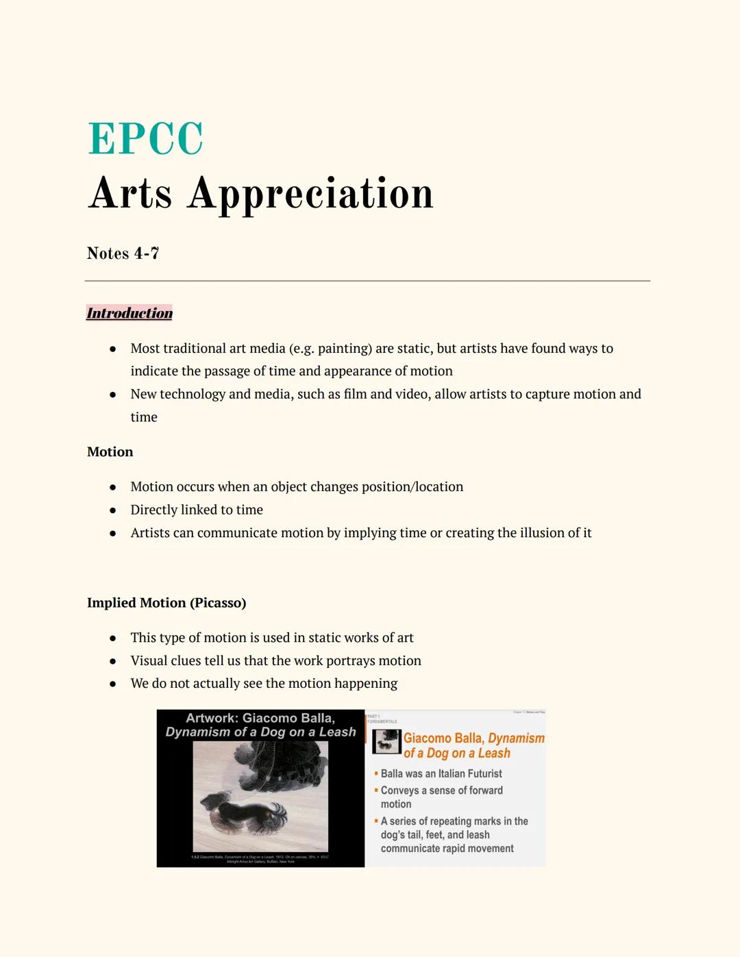 # EPCC

# Arts Appreciation

Notes 4-7

Introduction

*   Most traditional art media (e.g. painting) are static, but artists have found ways