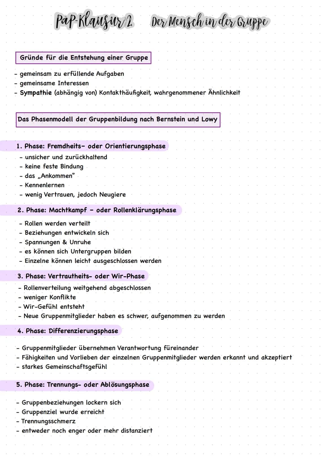 # Pap-Klausur 2. Der Mensch in der Gruppe

Gründe für die Entstehung einer Gruppe
- gemeinsam zu erfüllende Aufgaben
- gemeinsame Interessen