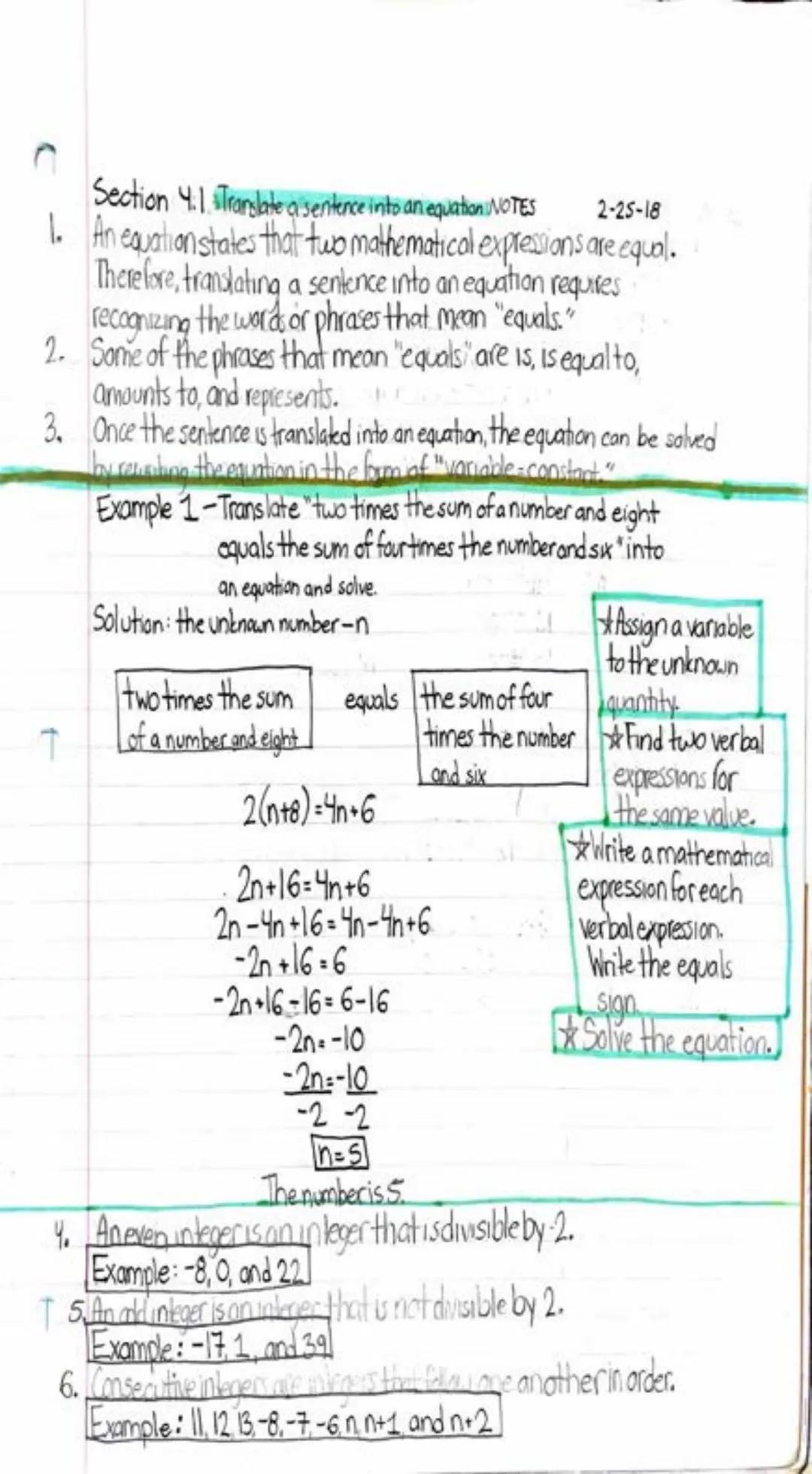 Section 4.1 s Translate a sentence into an equation NOTES 2-25-18
1. An equation states that two mathematical expressions are equal.
Therefo