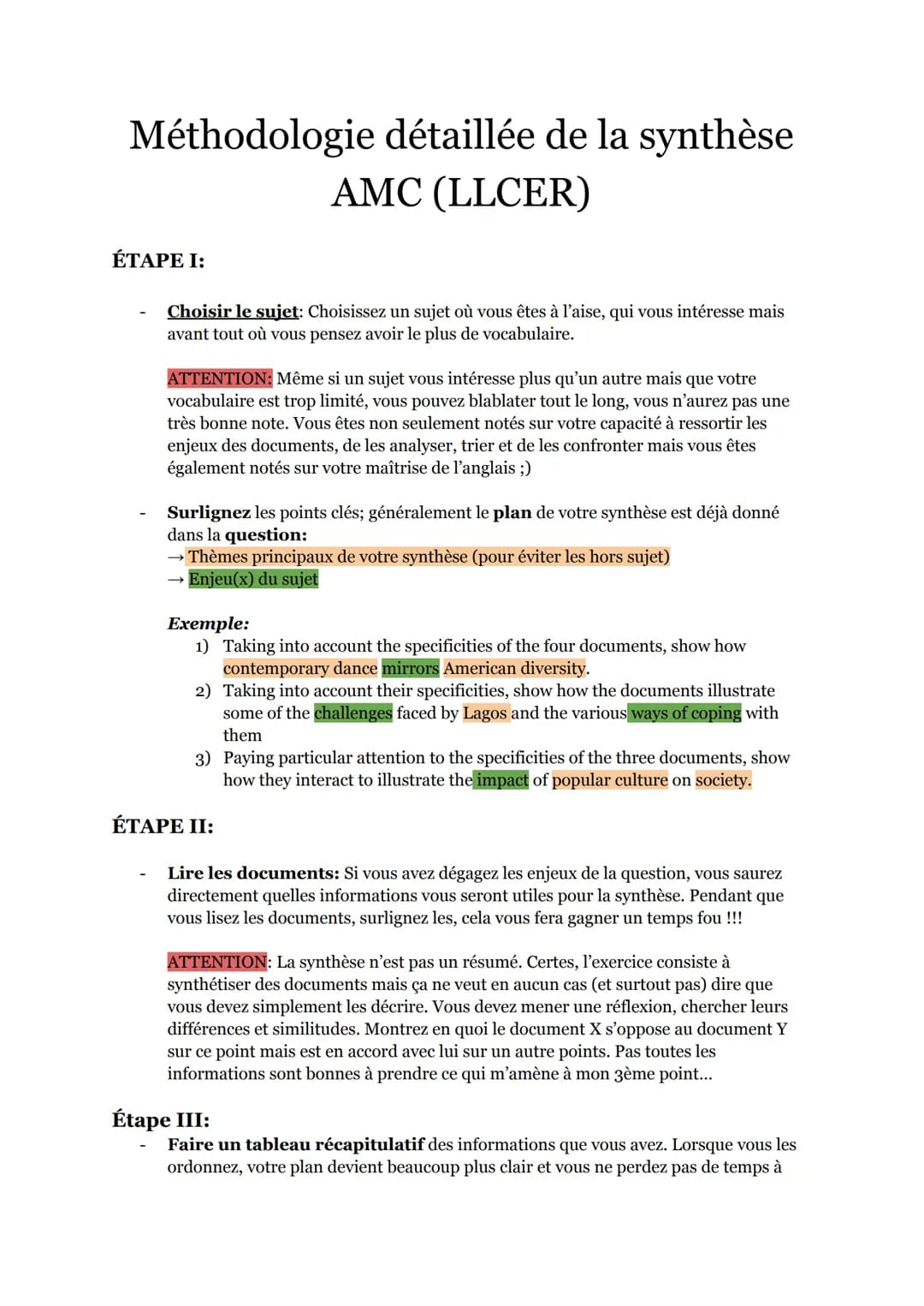 # Méthodologie détaillée de la synthèse
AMC (LLCER)

ÉTAPE I:

- Choisir le sujet: Choisissez un sujet où vous êtes à l'aise, qui vous intér