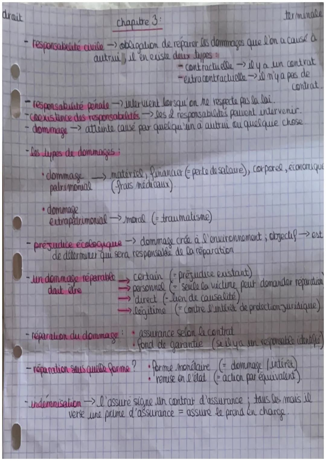 drait

Chapitre 3:

terminale
- responsabilité civile obligation de réparer les dommages que l'on a causé à
autrui, il en existe deux types: