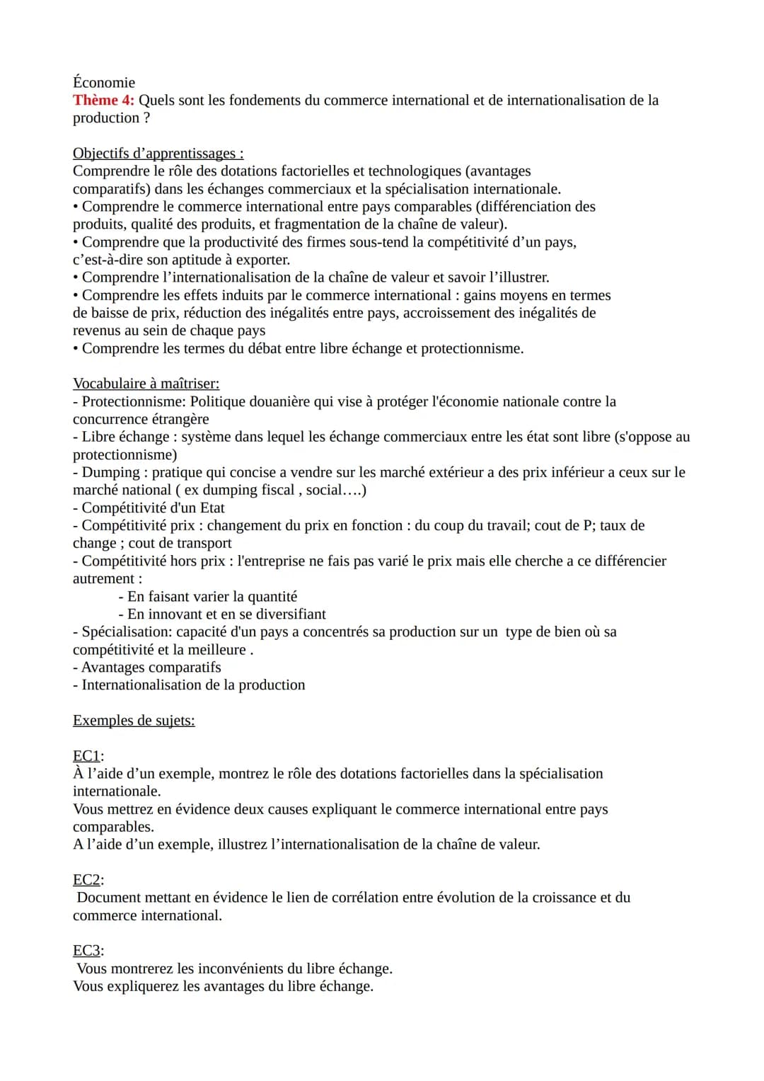 Économie

Thème 4: Quels sont les fondements du commerce international et de internationalisation de la
production ?

Objectifs d'apprentiss