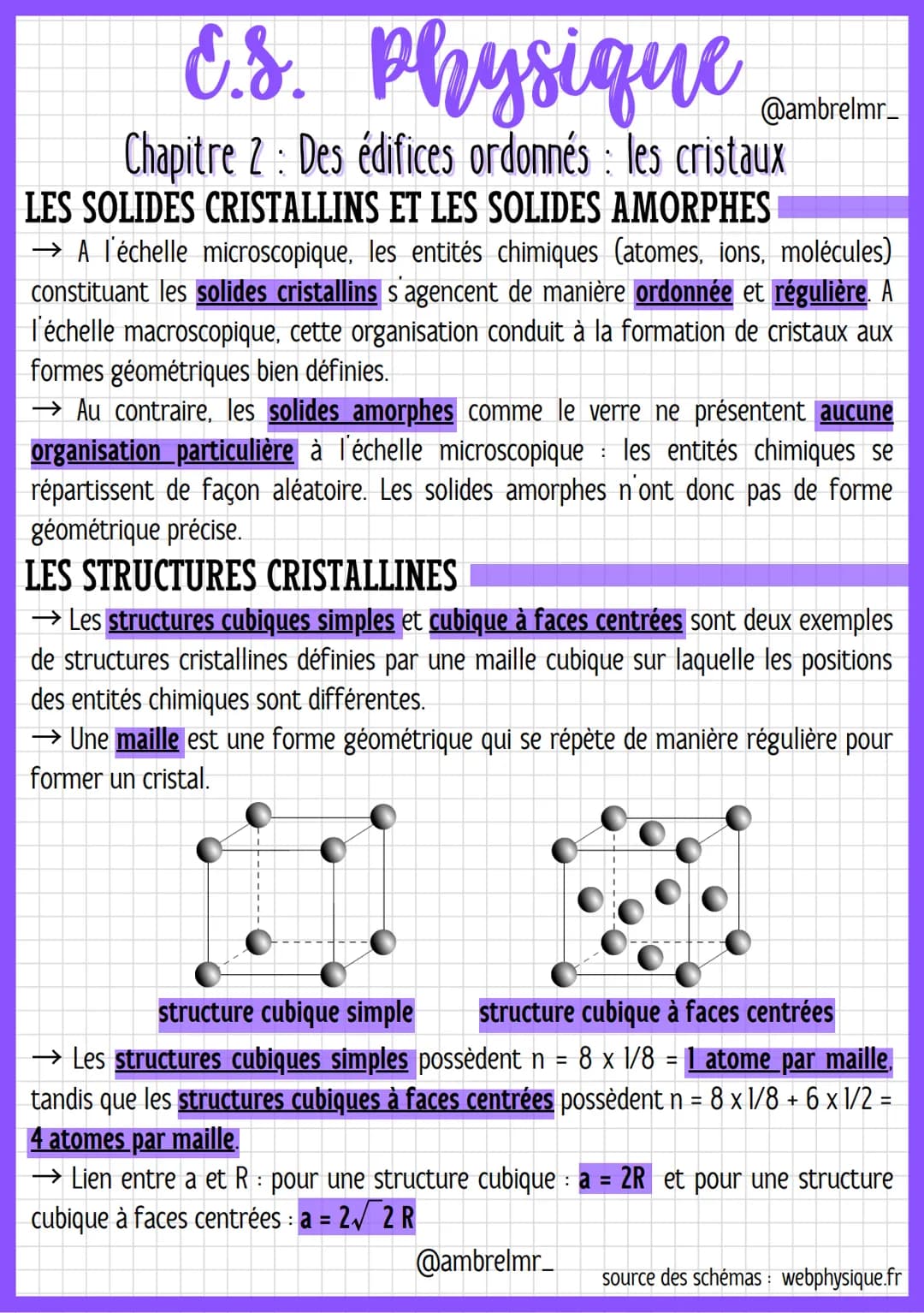 # E.S. Physique Cambrer

Chapitre 2: Des édifices ordonnés : les cristaux

LES SOLIDES CRISTALLINS ET LES SOLIDES AMORPHES

→ A l'échelle mi
