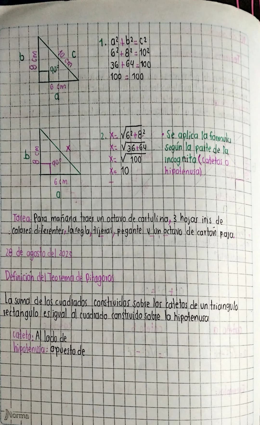 # 16 de agosto del 2023

Teorema cle pitagoras

El teorema de pitagaras se usa para resolver problemas de distancias, es
necesario que el pr