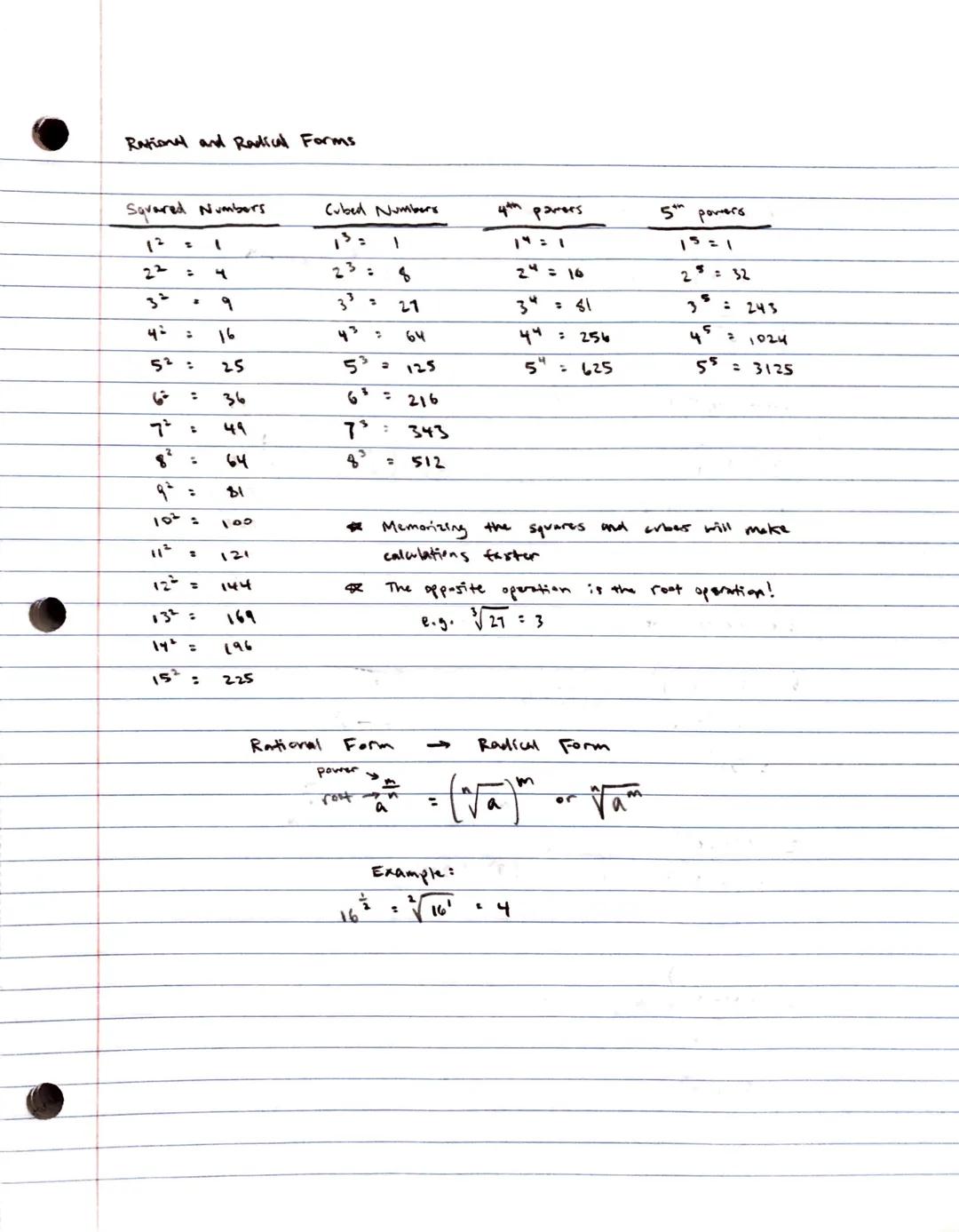 # Rational Exponents

- multiplying w/ same base = add exponents
- division w/ same base = subtract exponents
- power + power = multiply exp