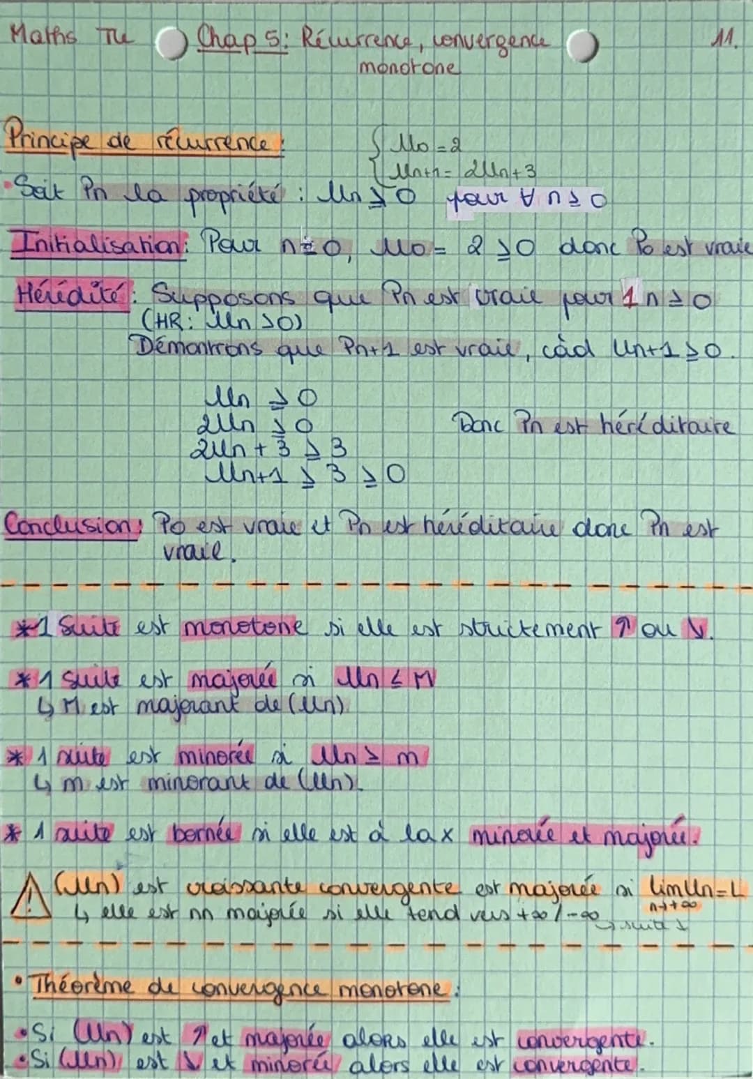 Maths The Chap 5: Réurrence, venvergence.
monotone

Principe de récurrence!
$
\begin{cases}
Mo = 2 \\
M_{n+1} = 2U_n + 3
\end{cases}
$

Seit