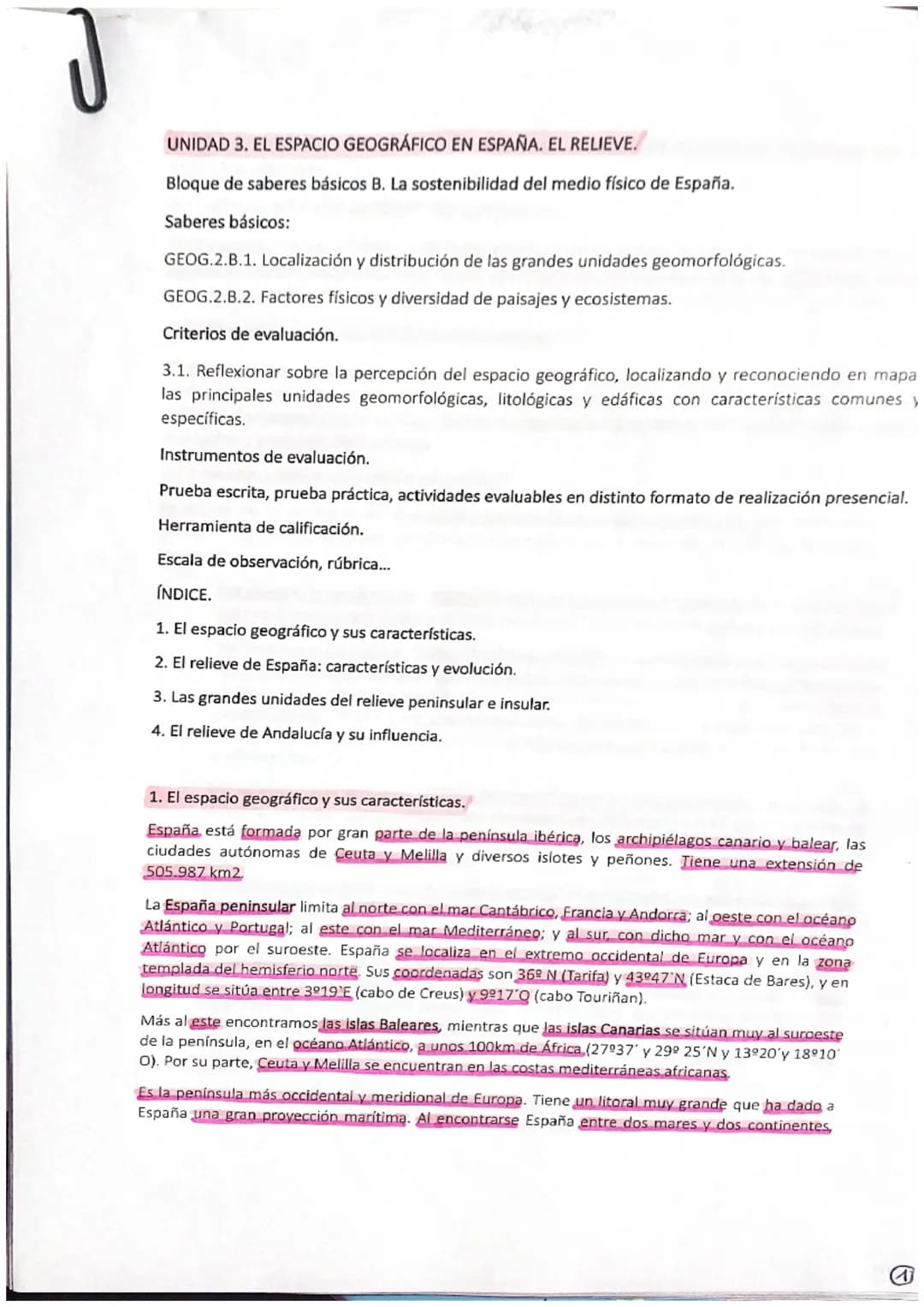 J
UNIDAD 3. EL ESPACIO GEOGRÁFICO EN ESPAÑA. EL RELIEVE.
Bloque de saberes básicos B. La sostenibilidad del medio físico de España.
Saberes 