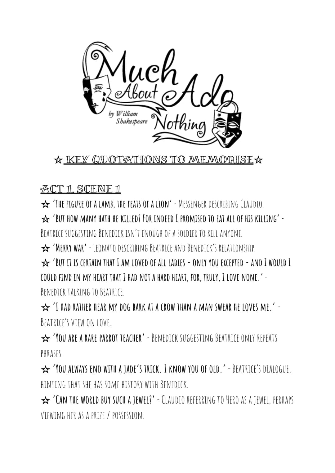 # Much

About Ado

Nothing

by William

☆KEY QUOTATIONS TO MEMORISE☆

ACT 1. SCENE 1

*   'THE FIGURE OF A LAMB, THE FEATS OF A LION' MESSEN