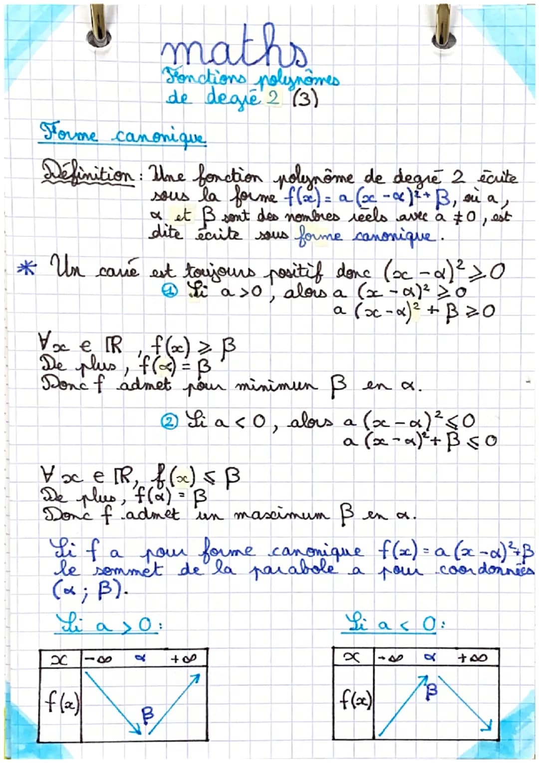 # maths
Fonctions polynomes
de degré 2 (1)
Définition: Une fonction polynome
nôme de degré 2 écrite sous la
forme $f(x)=a(x-\alpha)^2 + \bet