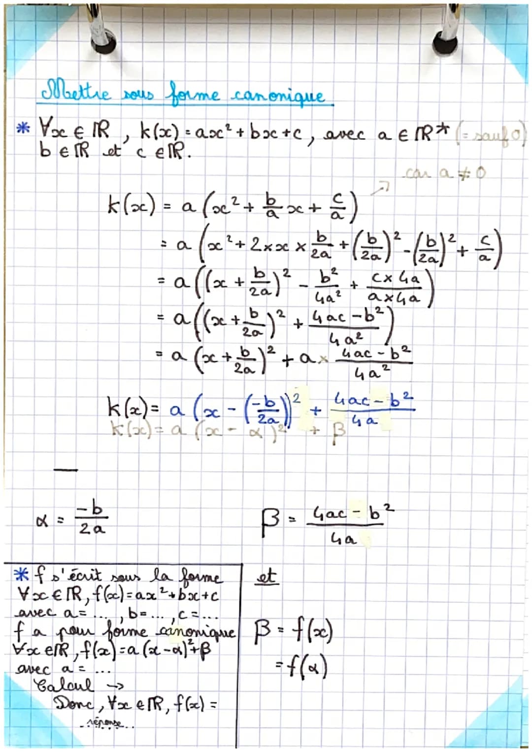 # maths
Fonctions polynomes
de degré 2 (1)
Définition: Une fonction polynome
nôme de degré 2 écrite sous la
forme $f(x)=a(x-\alpha)^2 + \bet