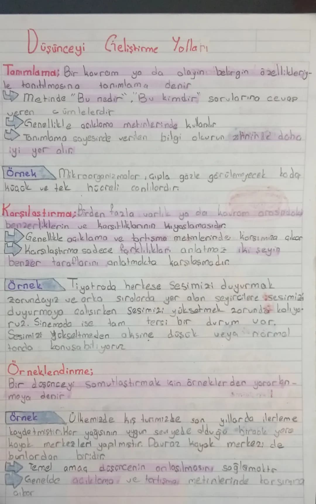 # Düşünceyi Geliştirme Yolları

Tanımlama; Bir kouram.
yo da olayın belirgin özellikleriy-
le tanıtılmasına tanımlama denir
metinde "Bu nedi