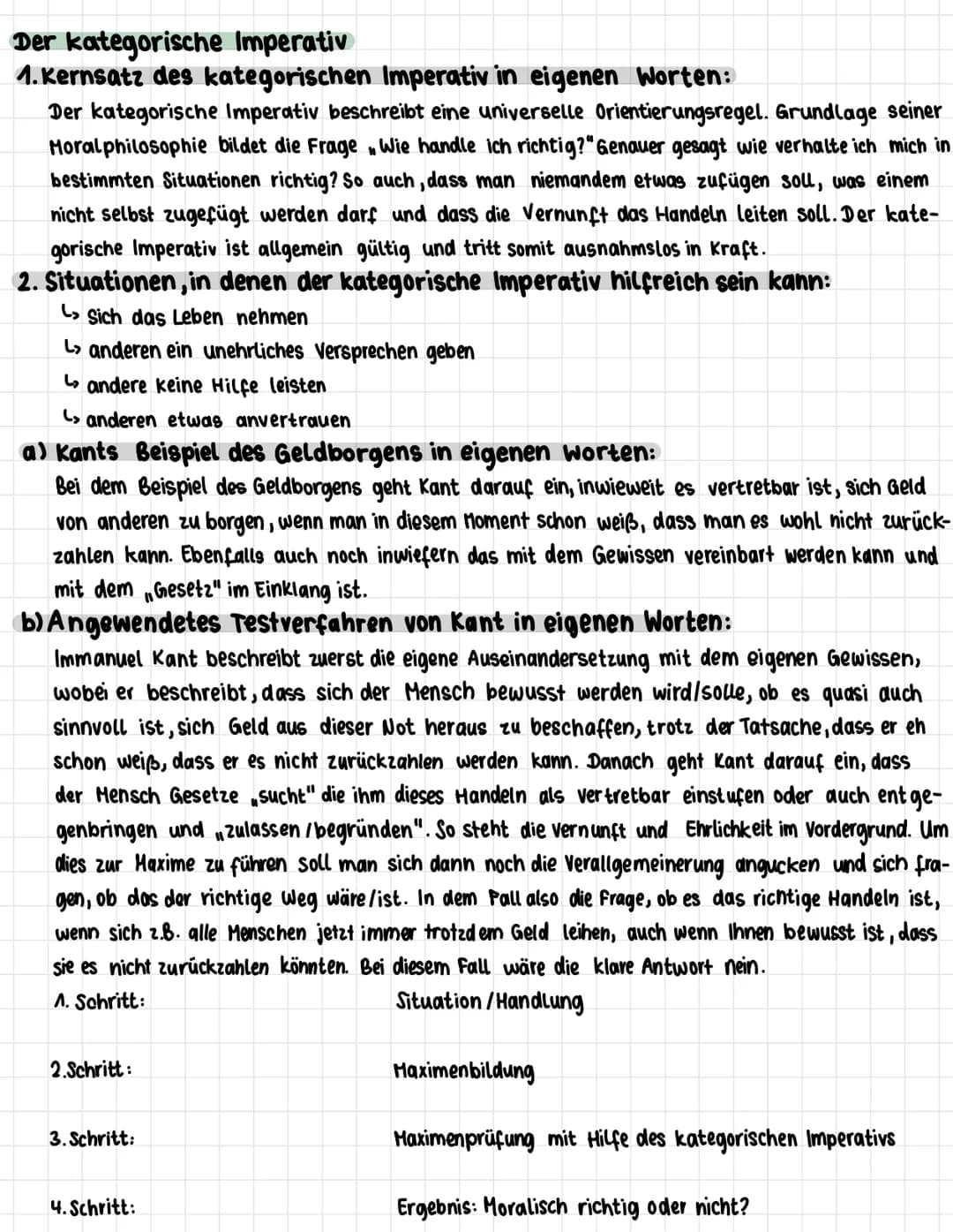 # Der kategorische Imperativ

1. Kernsatz des kategorischen Imperativ in eigenen Worten:

Der kategorische Imperativ beschreibt eine univers