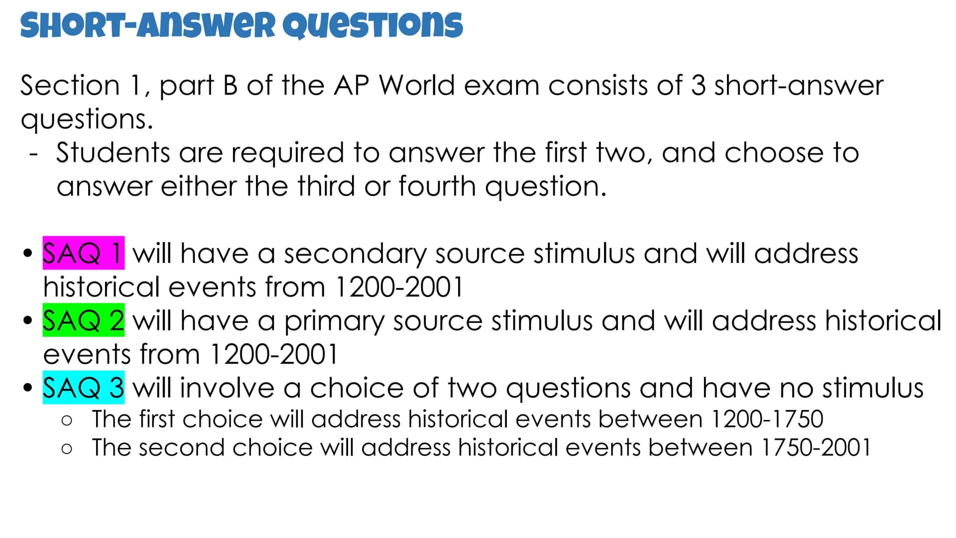 
<h2>Why SAQ?</h2>
<p>The Short Answer Question (SAQ) is a question that requires a brief, specific, and accurate answer. It does not requir
