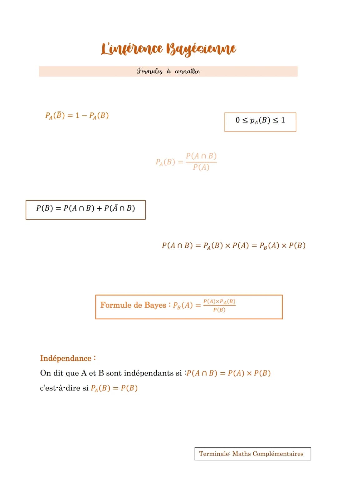 # L'inférence Bayésienne

Formules à connaître

$P_A(B) = 1 - P_A(B)$

$0 \le P_A(B) \le 1$

$P_A(B) = \frac{P(A \cap B)}{P(A)}$

$P(B) = P(
