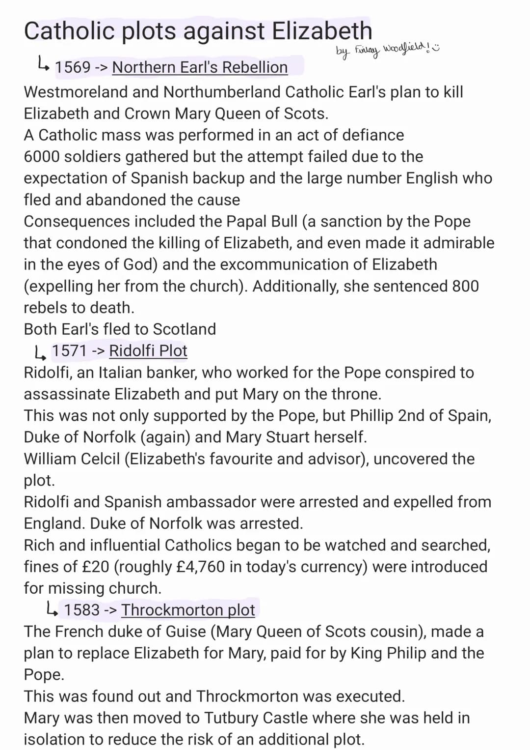 # Catholic plots against Elizabeth

1569 م -< Northern Earl's Rebellion

by Finlay Woodfield!

Westmoreland and Northumberland Catholic Earl