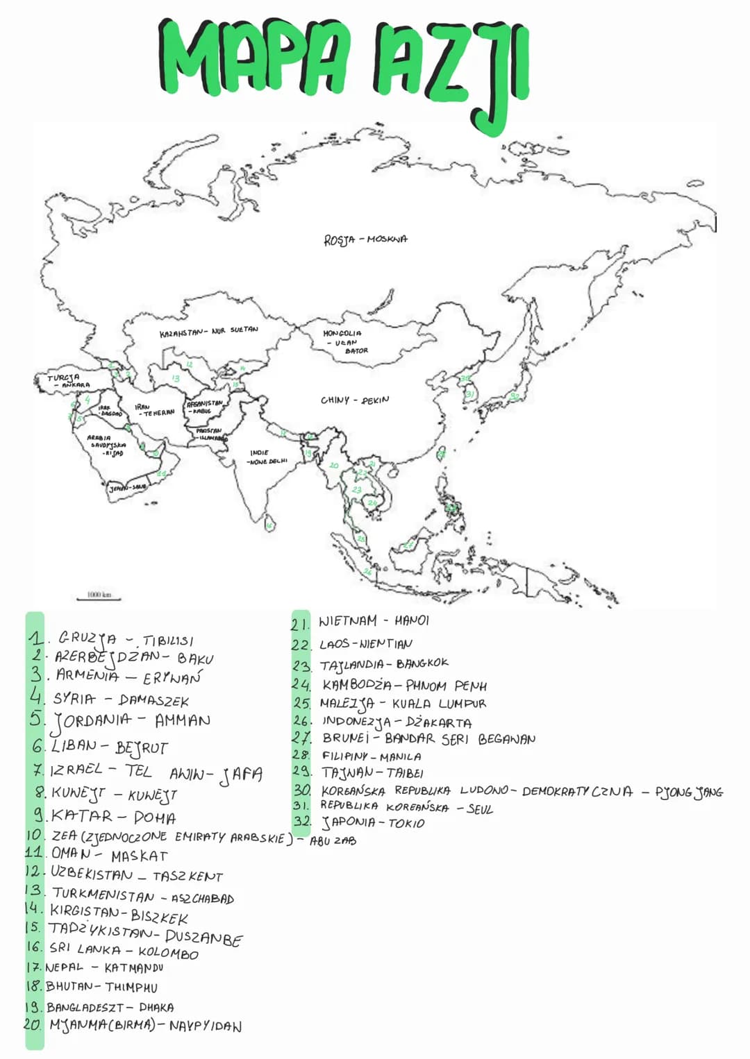 # MAPA AZJI

KAZAHSTAN-NOR SULTAN

ROSJA-MOSKNA

HON COLIA
UCAN
BATOR

TURCJA

AFGANISTAN

CHINY PEKIN

IRANE HEANN

AERBIA

1000 k

1. GRUZ