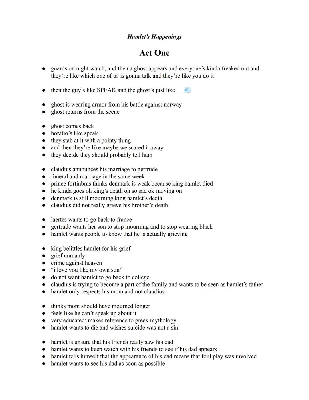 # Hamlet's Happenings

## Act One

- guards on night watch, and then a ghost appears and everyone's kinda freaked out and
they're like which