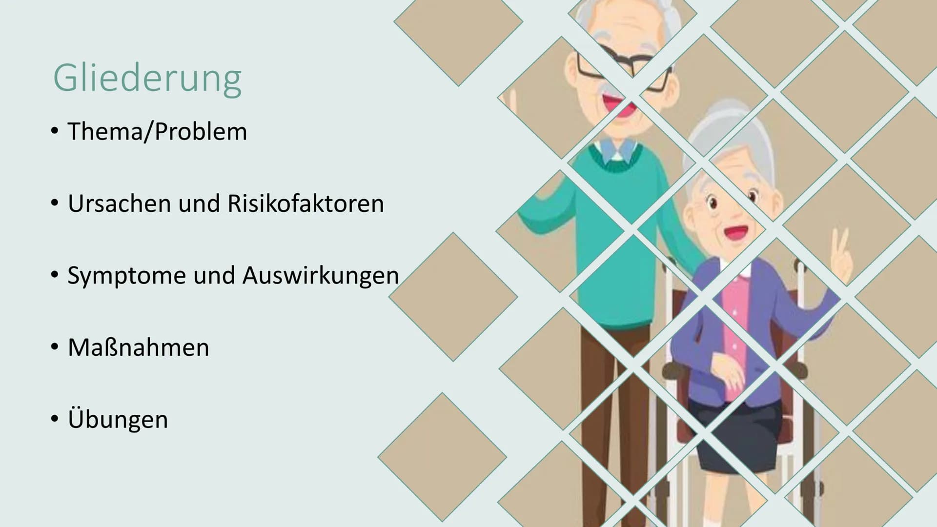 # KONTRAKTURPROPHYLAXE Gliederung

*   Thema/Problem
*   Ursachen und Risikofaktoren
*   Symptome und Auswirkungen
*   Maßnahmen
*   Übungen