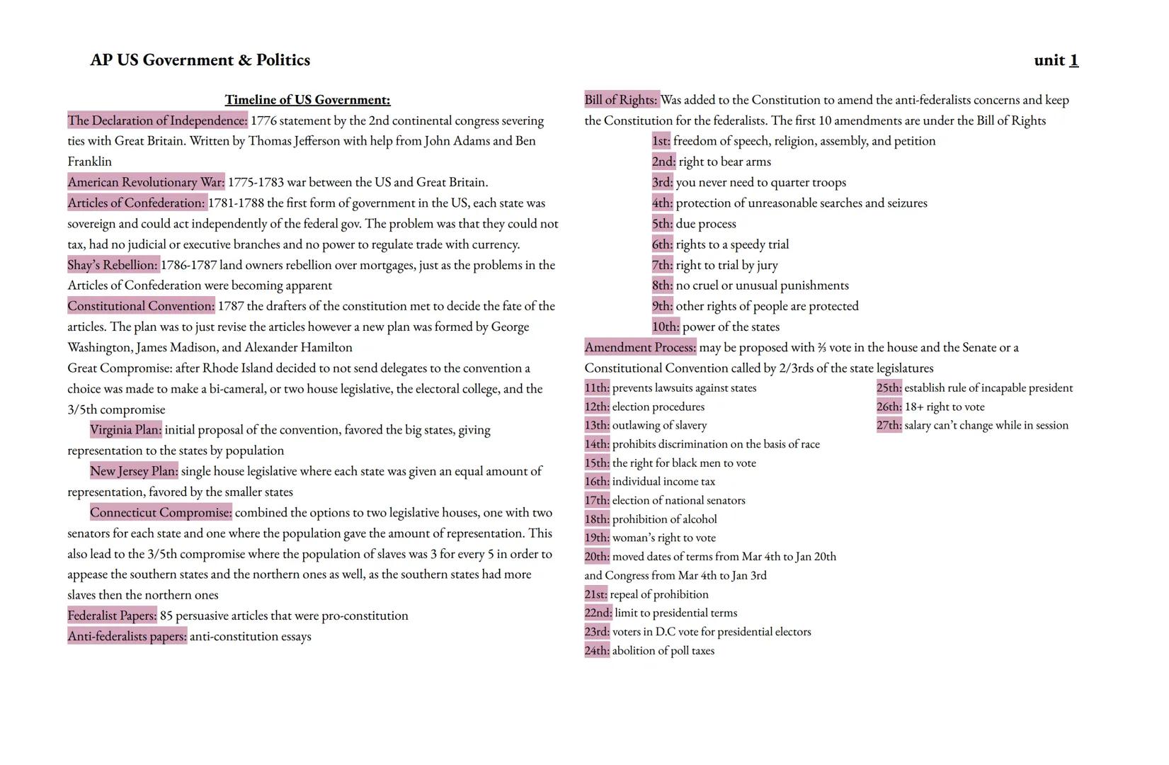 # AP US Government & Politics

# Timeline of US Government:

The Declaration of Independence: 1776 statement by the 2nd continental congress