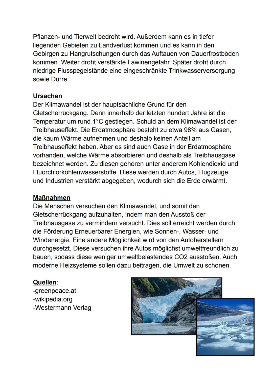 Inhaltsverzeichnis:
-Entstehung
-Aufbau
-Folgen
-Ursachen
-Maßnahmen

Gletscher

Entstehung
Voraussetzung für die Entstehung eines Gletscher