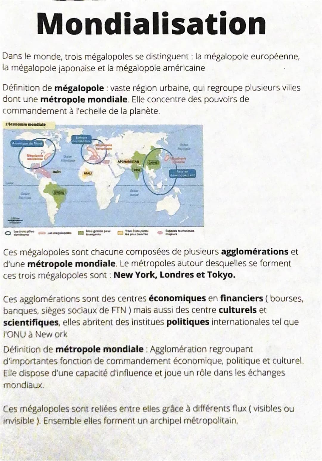 # Mondialisation

Dans le monde, trois mégalopoles se distinguent: la mégalopole européenne,
la mégalopole japonaise et la mégalopole améric