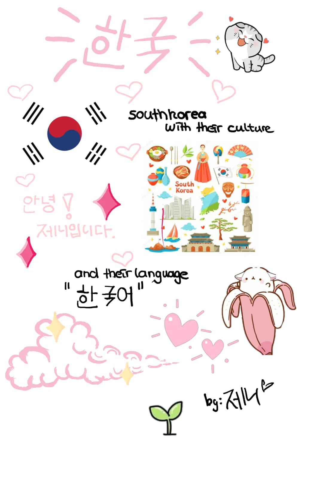 안녕!
한국
southhorea
with their culture
South
Korea
제니입니다.
and their language
"한국어"
♡ by:제니스 by 제거 한국어:
7
제니
Lektion 1:
Die Buchstaben
ㅇ = ng (