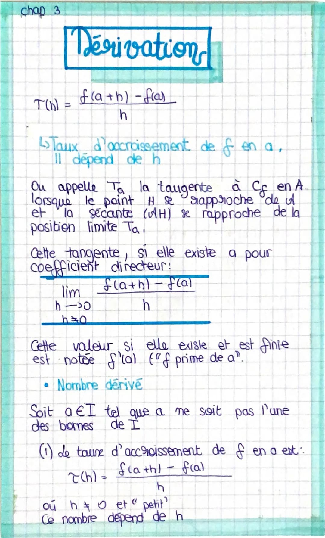 chap 3

# Dérivation

T(h) = $\frac{f(a+h) -f(a)}{h}$

> Taux d'accroissement de f en a,
Il dépend de h

Ou appelle Ta la taugente à Cf en A