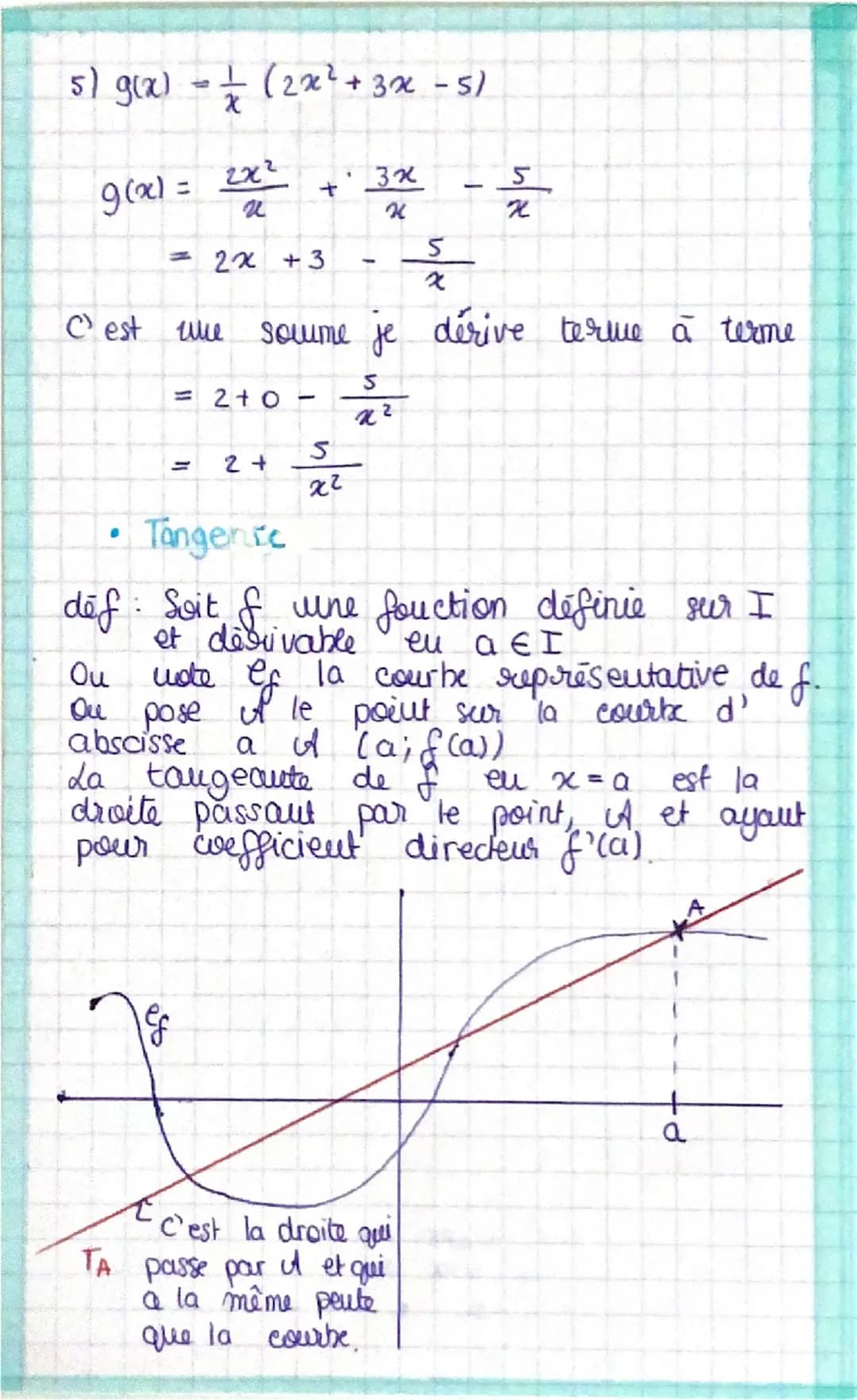 chap 3

# Dérivation

T(h) = $\frac{f(a+h) -f(a)}{h}$

> Taux d'accroissement de f en a,
Il dépend de h

Ou appelle Ta la taugente à Cf en A