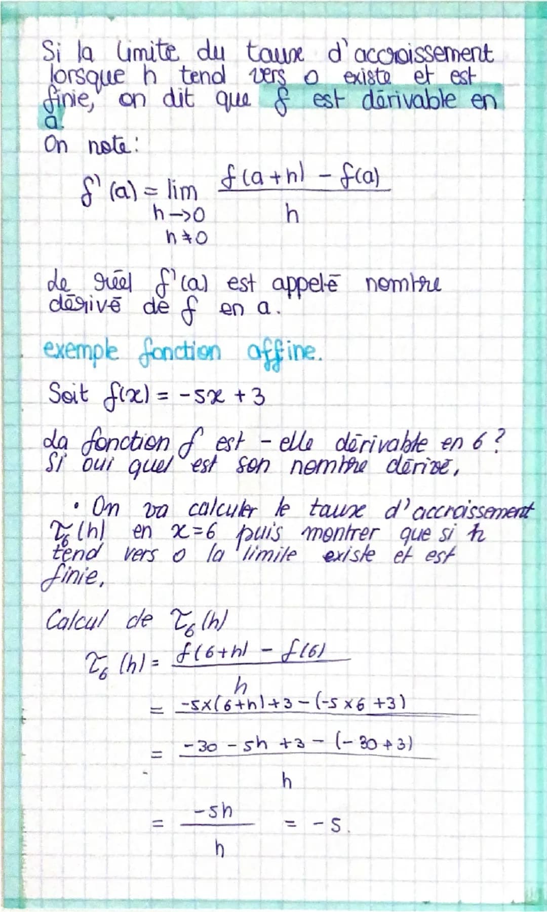 chap 3

# Dérivation

T(h) = $\frac{f(a+h) -f(a)}{h}$

> Taux d'accroissement de f en a,
Il dépend de h

Ou appelle Ta la taugente à Cf en A