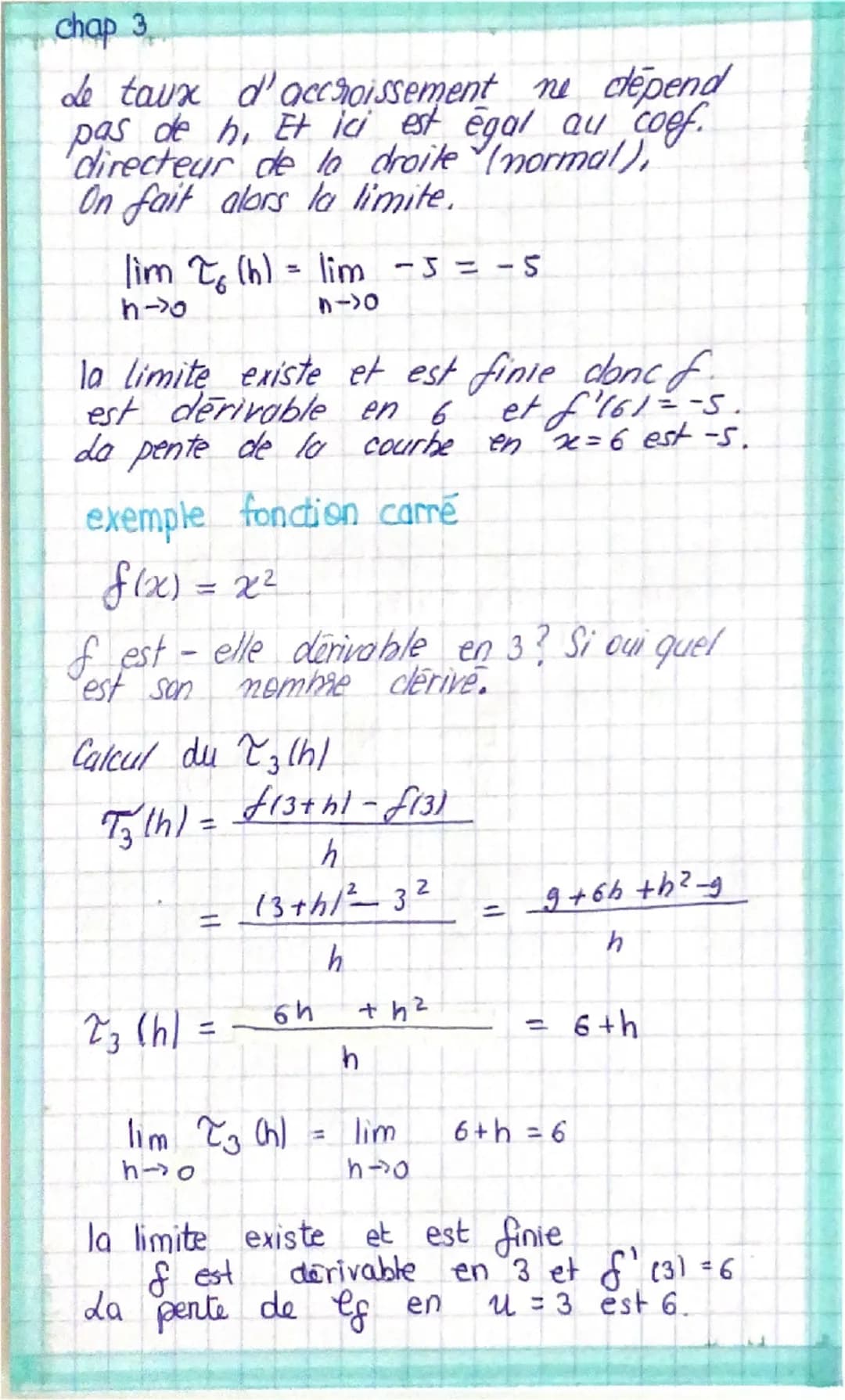 chap 3

# Dérivation

T(h) = $\frac{f(a+h) -f(a)}{h}$

> Taux d'accroissement de f en a,
Il dépend de h

Ou appelle Ta la taugente à Cf en A