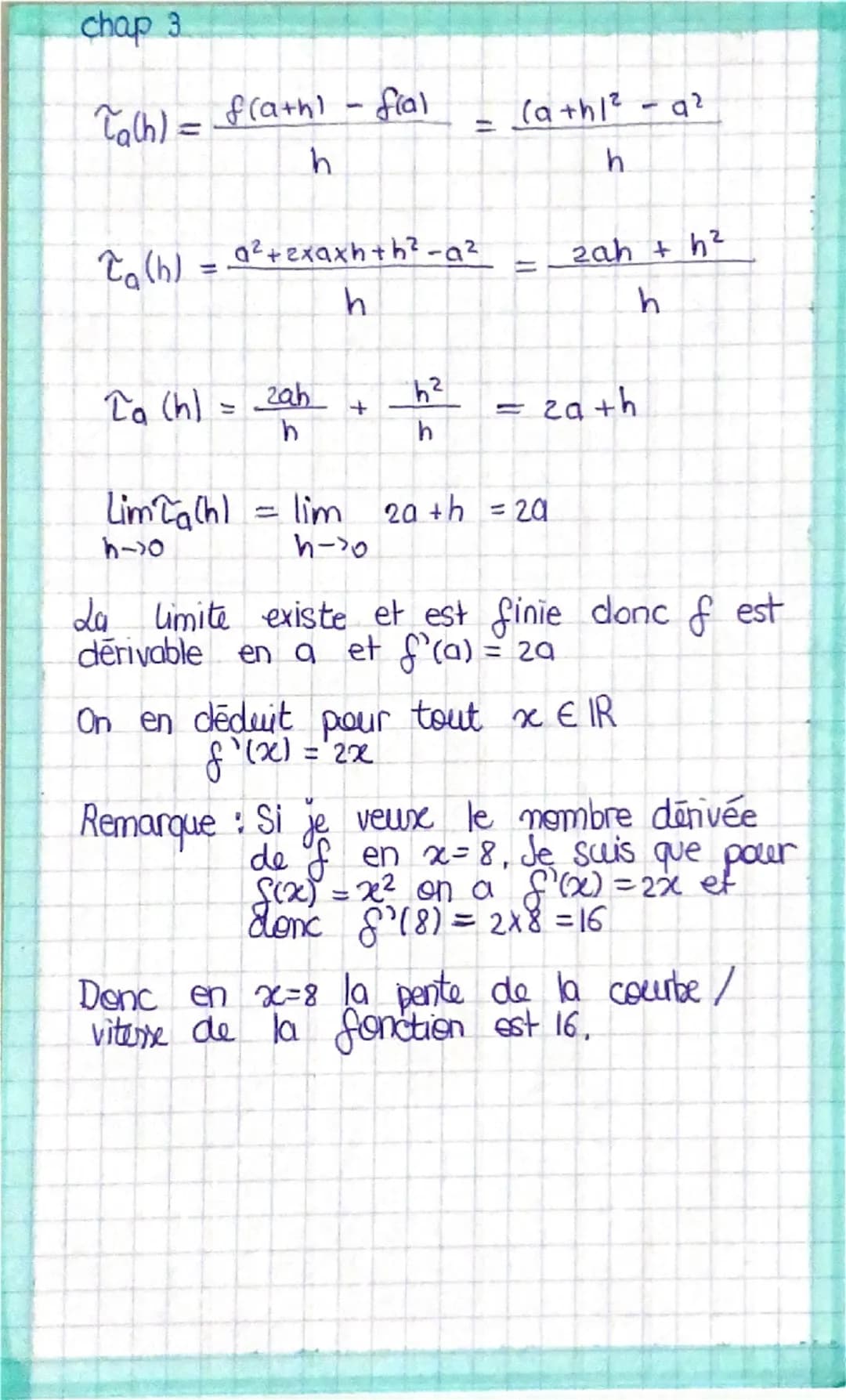 chap 3

# Dérivation

T(h) = $\frac{f(a+h) -f(a)}{h}$

> Taux d'accroissement de f en a,
Il dépend de h

Ou appelle Ta la taugente à Cf en A