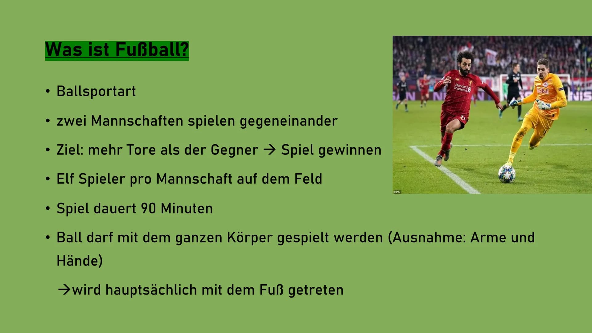 # Fußball Gliederung

1. Allgemein
2. Spielfeld
3. Spielpositionen
4. Die wichtigsten Regeln
5. Rote und gelbe Karte Was ist Fußball?

• Bal
