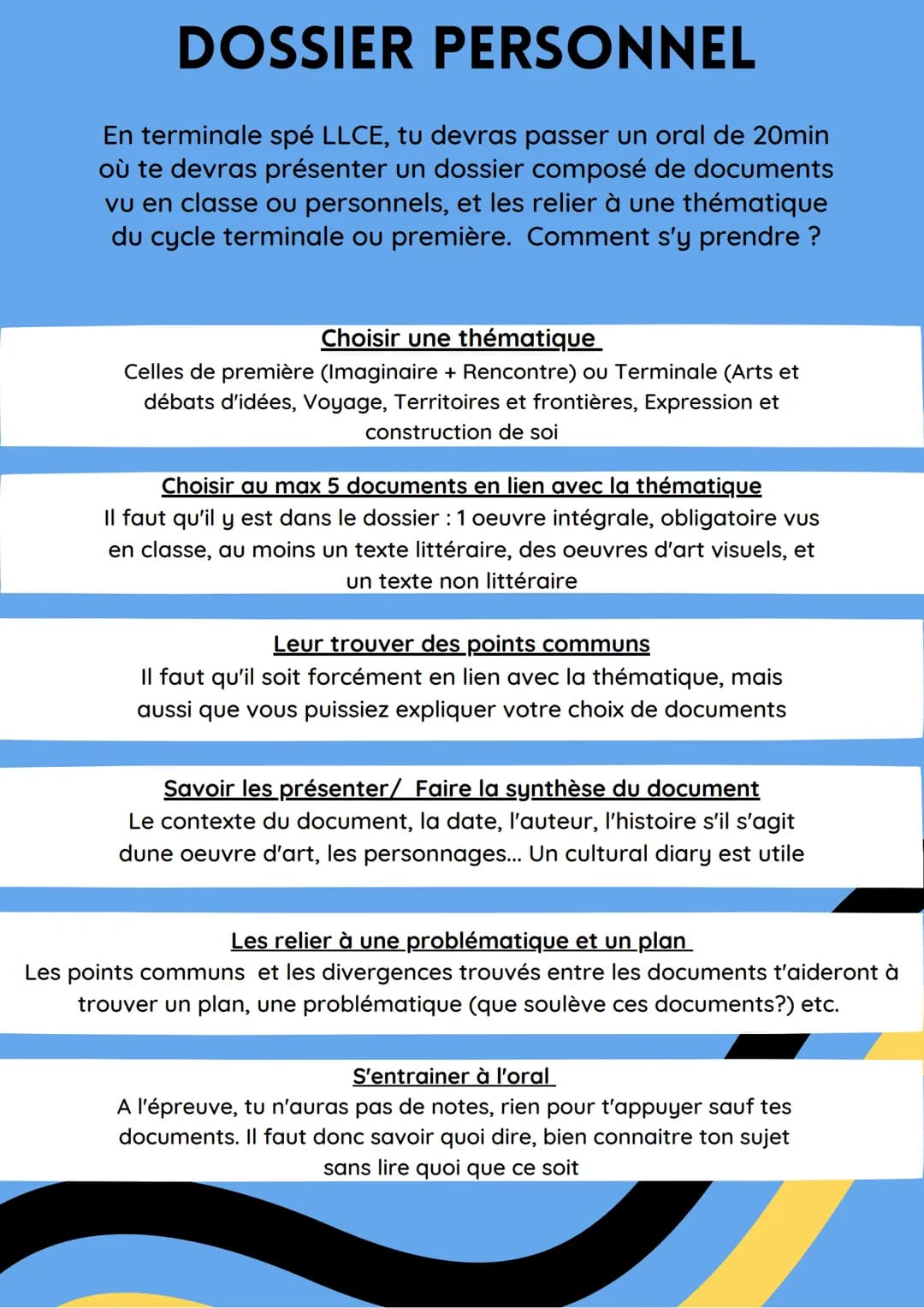 # DOSSIER PERSONNEL

En terminale spé LLCE, tu devras passer un oral de 20min
où te devras présenter un dossier composé de documents
vu en c