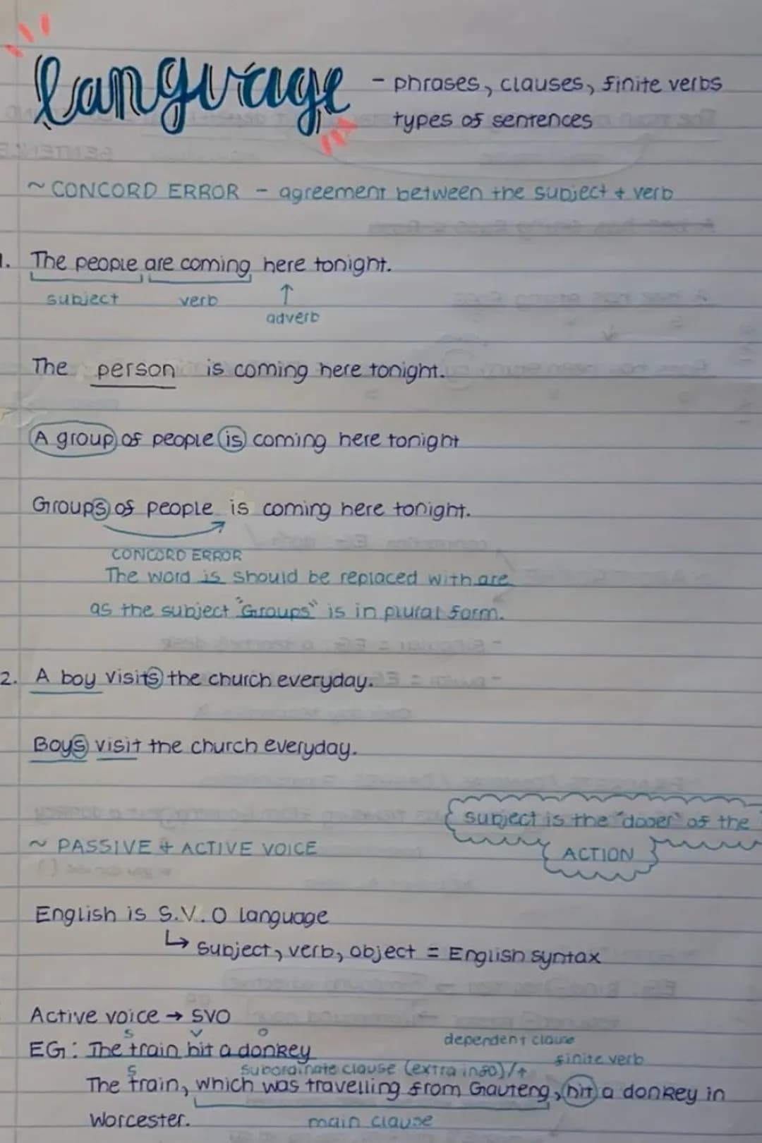 # language

- phrases, clauses, finite verbs
- types of sentences

~CONCORD ERROR - agreement between the subject + verb

1. The people are 