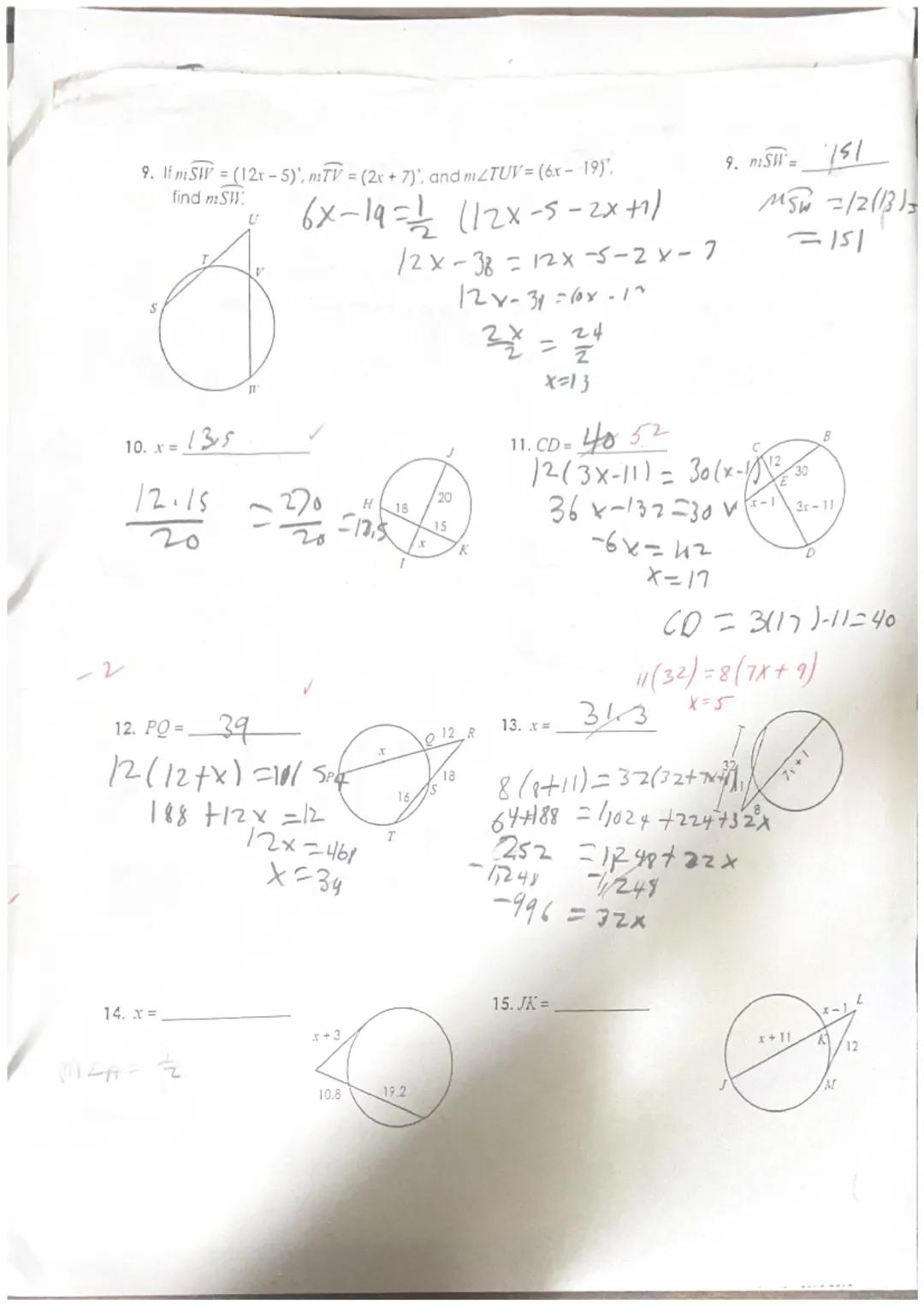 T

Name:
Date: 4/3/23
4/12
9/13
Per: 6 Geometry
Unit 10: Circles
ル
Quiz 10-3: Angles, Arcs, and Segment Lengths
formed by Intersecting Chord