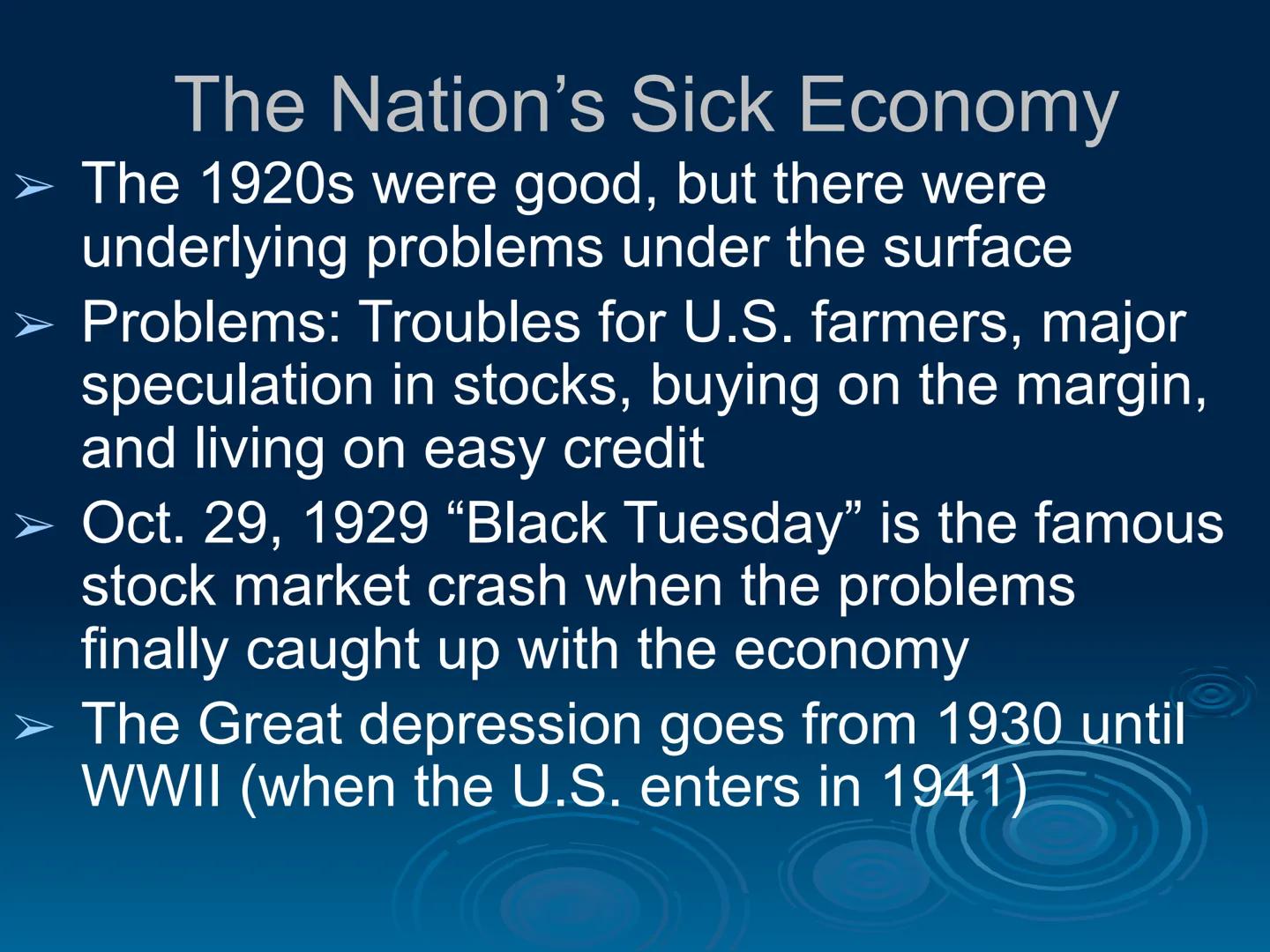 # The Great Depression

EQ: What caused the greatest
economic troubles in US History? Questions about the Great Depression
- When did the Gr