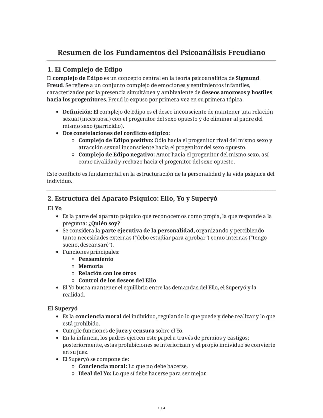 Resumen de los Fundamentos del Psicoanálisis Freudiano
1. El Complejo de Edipo
El complejo de Edipo es un concepto central en la teoría psic
