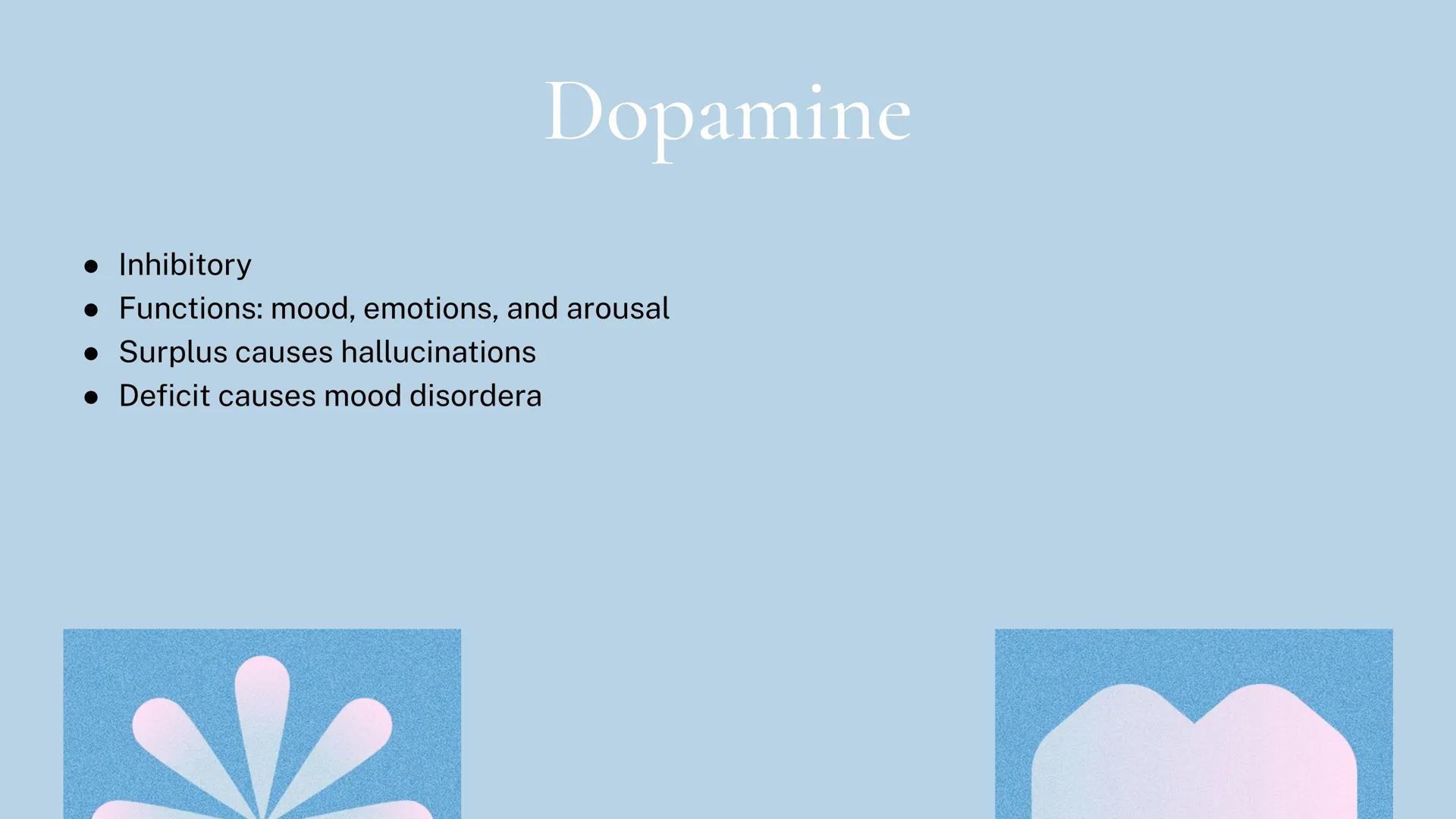 Different kinds of
Neurotransmitters Π

Acetylcholine

• Excitatory

• Functions: muscles, memory,
learning, and attention

• Surplus leads 